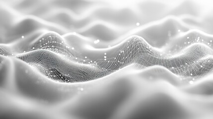 Poster - abstract white mesh landscape with connected glowing dots network creating a modern and sophisticated visual concept for technology