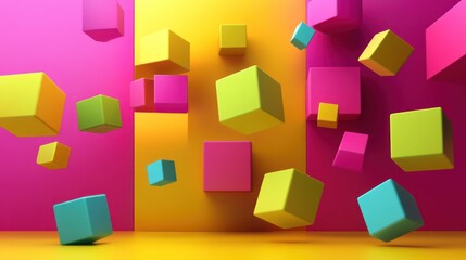 Poster - vibrant array of floating cubes a playful dance of geometric shapes and dynamic colors against a lively backdrop promoting joy and creativity