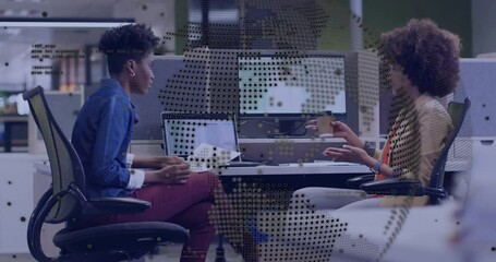 Poster - Two people discussing work at office with digital data overlay animation