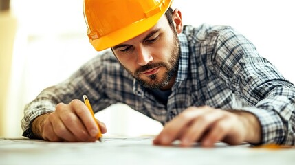 Poster - Architect in Hard Hat Analyzing Plans with Careful Attention to Detail