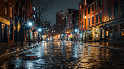 Aufkleber - A nighttime cityscape with streetlights reflecting on wet cobblestone streets.