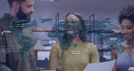 Poster - Diverse business team discussing documents with world map data overlay animation