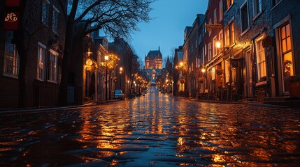 Aufkleber - A nighttime cityscape with streetlights reflecting on wet cobblestone streets.