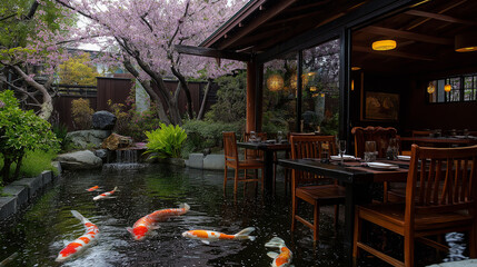 Poster - A peaceful koi pond with rippling reflections of cherry blossoms