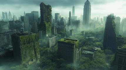 Poster - A post-apocalyptic skyline covered in vegetation and overgrown skyscrapers
