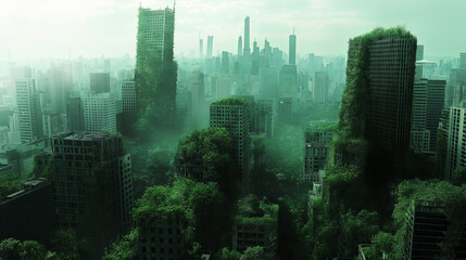 Poster - A post-apocalyptic skyline covered in vegetation and overgrown skyscrapers