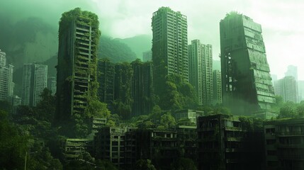Fototapete - A post-apocalyptic skyline covered in vegetation and overgrown skyscrapers