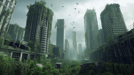 Poster - A post-apocalyptic skyline covered in vegetation and overgrown skyscrapers