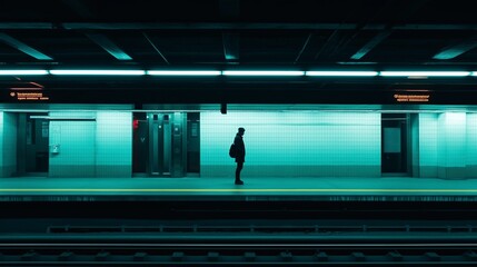 Poster - A quiet subway station with a lone passenger standing under soft neon light