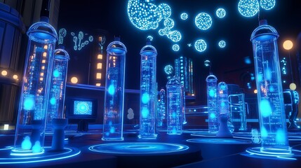 Aufkleber - A sci-fi lab filled with glowing blue test tubes and floating holograms