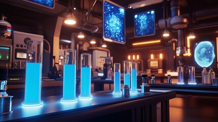 Aufkleber - A sci-fi lab filled with glowing blue test tubes and floating holograms