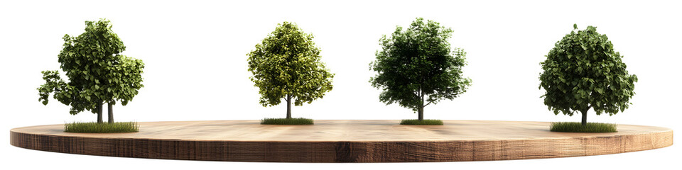 Round wooden podium with trees isolated on transparent background, PNG,