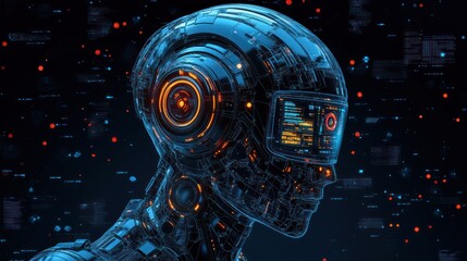 Poster - futuristic ai humanoid visage with digital interface representing advanced technology and neural networks in a dark cyberspace setting