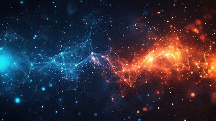 Poster - convergence of cold blue and warm orange data networks depicting complex connectivity and information flow in a digital communication system