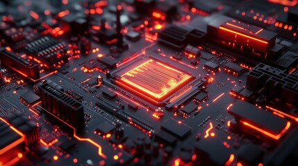 Poster - illuminated microchip circuitry abstract glowing electronic components and interconnected pathways modern futuristic technological landscape