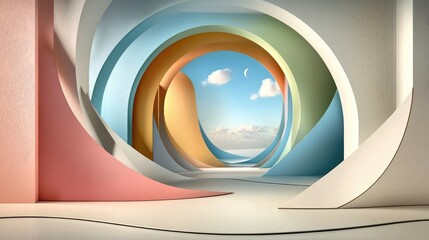 Poster - 3D layered paper cut-out abstract design with soft pastel color tones.