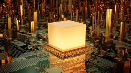 Poster - Abstract 3D rendering of a microchip surrounded by glowing high-tech circuit patterns.