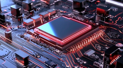 Poster - Abstract digital motherboard with futuristic AI computing elements and neon blue lighting.