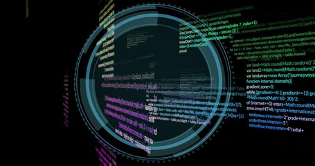Aufkleber - Animation of rotating digital code and circular interface elements on black background
