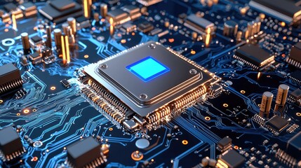 Poster - Advanced computer processor with electric blue highlights, surrounded by intricate chip connections.