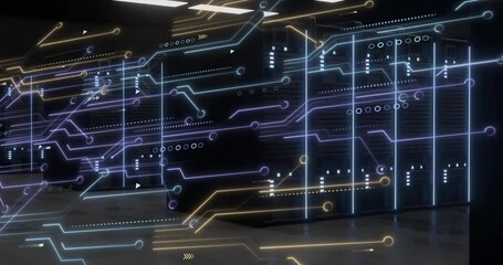 Poster - Animation of glowing circuit lines overlaying data patterns in server room
