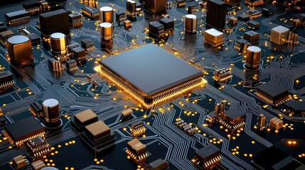 Poster - Close-up of an electronic circuit board with neon blue traces, microchips, and digital signals.