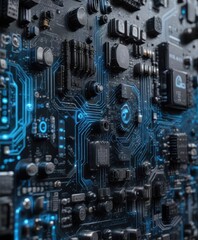 Black and blue digital circuit board symbols for web development, digital circuit board, web programming