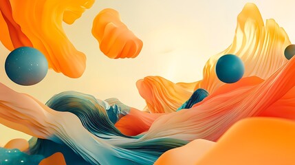 Aufkleber - Abstract digital art depicting a surreal landscape of flowing orange teal waves with floating spheres Dreamlike vibrant.