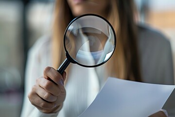 Poster - Close-Up Image of a Businesswoman Using a Magnifying Glass to Examine Financial Records for Fraud Detection and Auditing