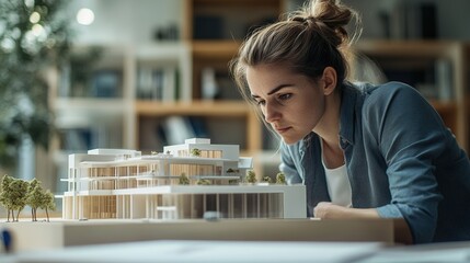 Fototapete - Young Female Architect Engaged in Designing Architectural Model