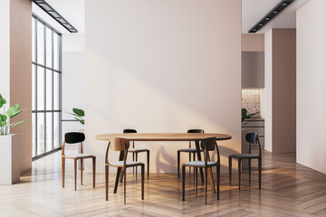 Poster - Contemporary dining area with wooden table and chairs in stylish home interior. Large windows with city view and parquet flooring enhance space. 3D Rendering