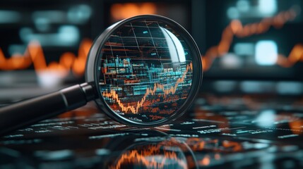 Poster - A magnifying glass highlights intricate details of a fluctuating financial chart amid blurred stock market graphs for a comprehensive market analysis view