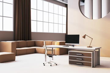 Poster - Modern minimalist office interior with sleek desk, chair, and brown couch. Large windows provide natural light, enhancing the clean workspace. 3D Rendering