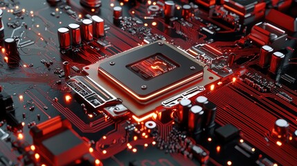 Poster - Electronic evolution concept with high-tech motherboard circuits and artificial intelligence nodes.