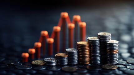 Poster - Close-up View of Stacks of Coins Increasing in Height to Represent an Upward Trend Graph Signifying Financial Growth and Investment Success Conceptually
