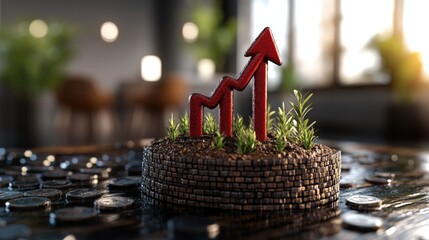 Poster - A vibrant red upward trending arrow rises from soil and plants atop a stack of coins, symbolizing growth and financial success in business concepts