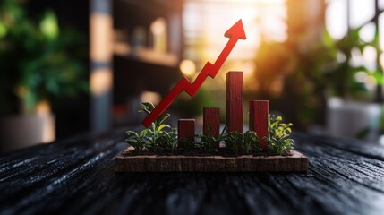 Poster - A red upward trending arrow on a miniature bar graph with small green plants growing from its base on a dark wooden table with green background blur
