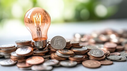 Aufkleber - Lit incandescent light bulb on stack of coins symbolizing financial innovation, bright ideas, investment growth, wealth creation, and money-making strategies
