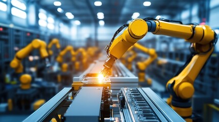 Poster - space robots manufacturing satellite components in a high-tech facility.