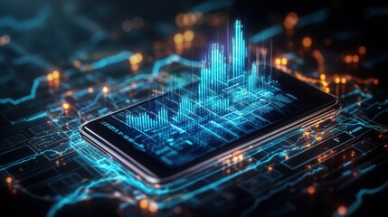 Poster - A smartphone displaying a vibrant 3D cityscape with glowing blue data streams and interactive graphs set on a technological circuit board backdrop design