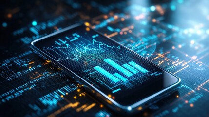 Poster - A smartphone displaying dynamic stock market graphs and data overlays on a complex technological background.