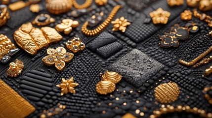 Poster - Close-up view of detailed textile artwork featu gold and black elements crafted from beads, metallic pieces, and textured fabric intricately arranged