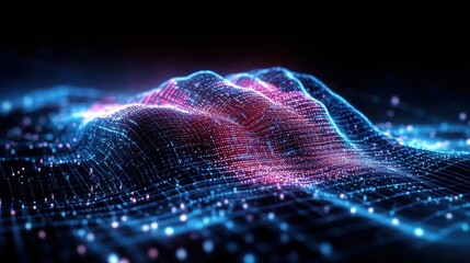 Poster - Abstract digital landscape with glowing blue and pink particles creates a three-dimensional undulating surface resembling a hand or mountain range