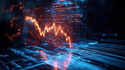 Poster - Digital rende of a downward-trending orange stock market graph overlaying a futuristic circuit-board background with glowing blue data streams visually represented