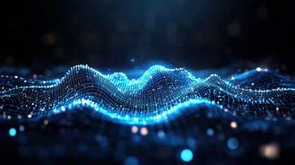Aufkleber - Abstract digital rende of a glowing blue wave-like structure made of interconnected particles on a dark background with bokeh effects and light play