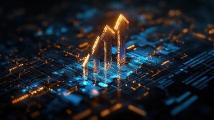 Poster - Three Luminous Golden Arrows Rising from a Complex Circuit Board Representing Growth Progress and Technological Advancement in a Dynamic Environment