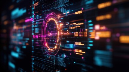 Aufkleber - Abstract Digital Background with Glowing Circular Interface on Wall of Streaming Data in Vibrant Pink, Orange and Blue Hues for Tech Designs