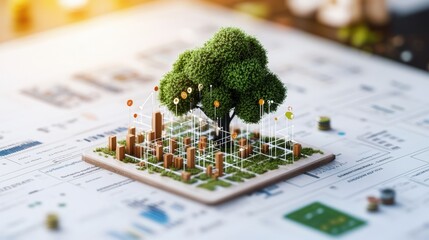 Poster - A Vibrant Green Tree on Grass with Miniature Wooden Bar Graphs Connected by Lines Representing Financial Concepts and Growth in Business Strategies