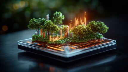 Poster - Miniature Vibrant Ecosystem of Trees and Urban Structures on Glass Platform Illuminating Sustainable Growth and Financial Success through Nature