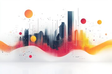 Poster - city skyline with abstract data visualization. Digital economy, analytics, and smart technology concept. Dynamic gradient waves, glowing dots, and geometric elements on a clean white backdrop.